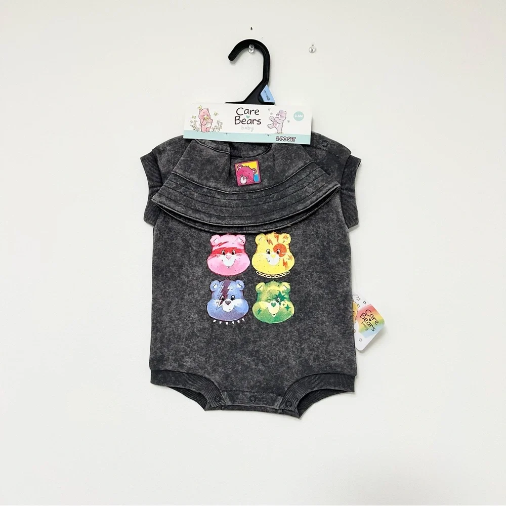 NEW Care Bears Black Acid-Wash Romper Matching Bucket Hat 2 Piece Set size 3-6 m